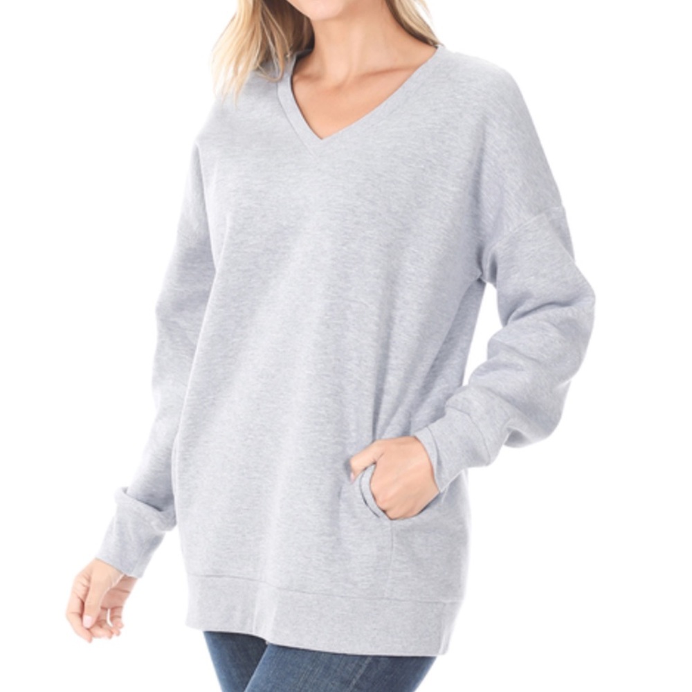 V-neck Pockets Fleece Sweatshirt Pullover Top S-XL